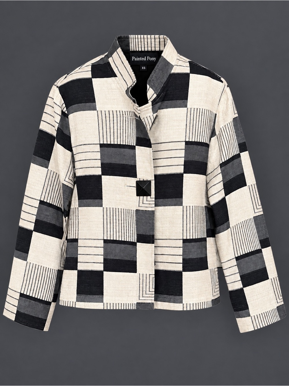 Painted Pony Black & Cream Geometric Check Boxy Jacket